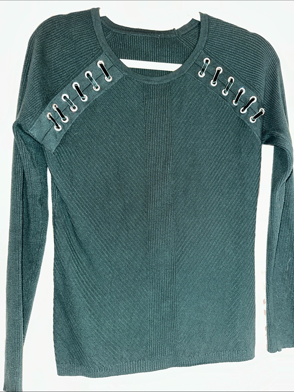 INC International Concepts Forest Green Lace-Up Shoulder Crew Sweater